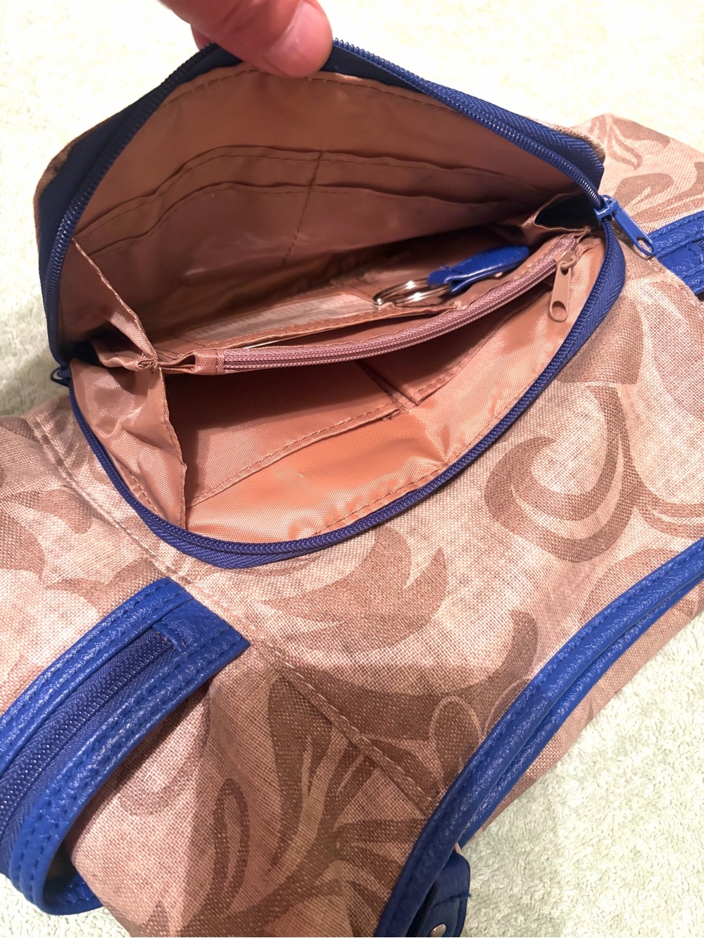 Koltov Beige Floral Shoulder Bag Blue Trim Multi Pocket Hobo - Picture 7 of 10